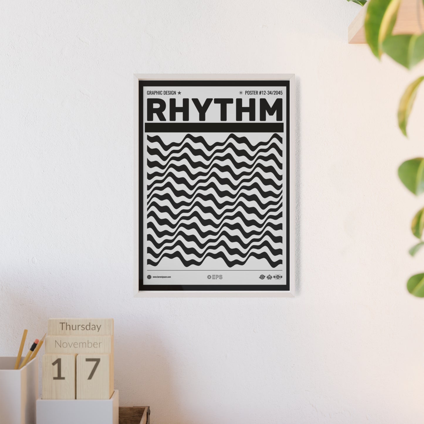 Rhythm Wave Art Poster with Wooden Frame — Black & White Modern Wall Print