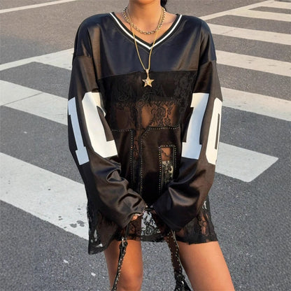 Women's Loose Lace See Through V-neck Jersey