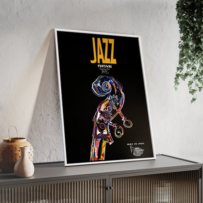Jazz Festival Poster with Wooden Frame — Colorful Double Bass Art Print