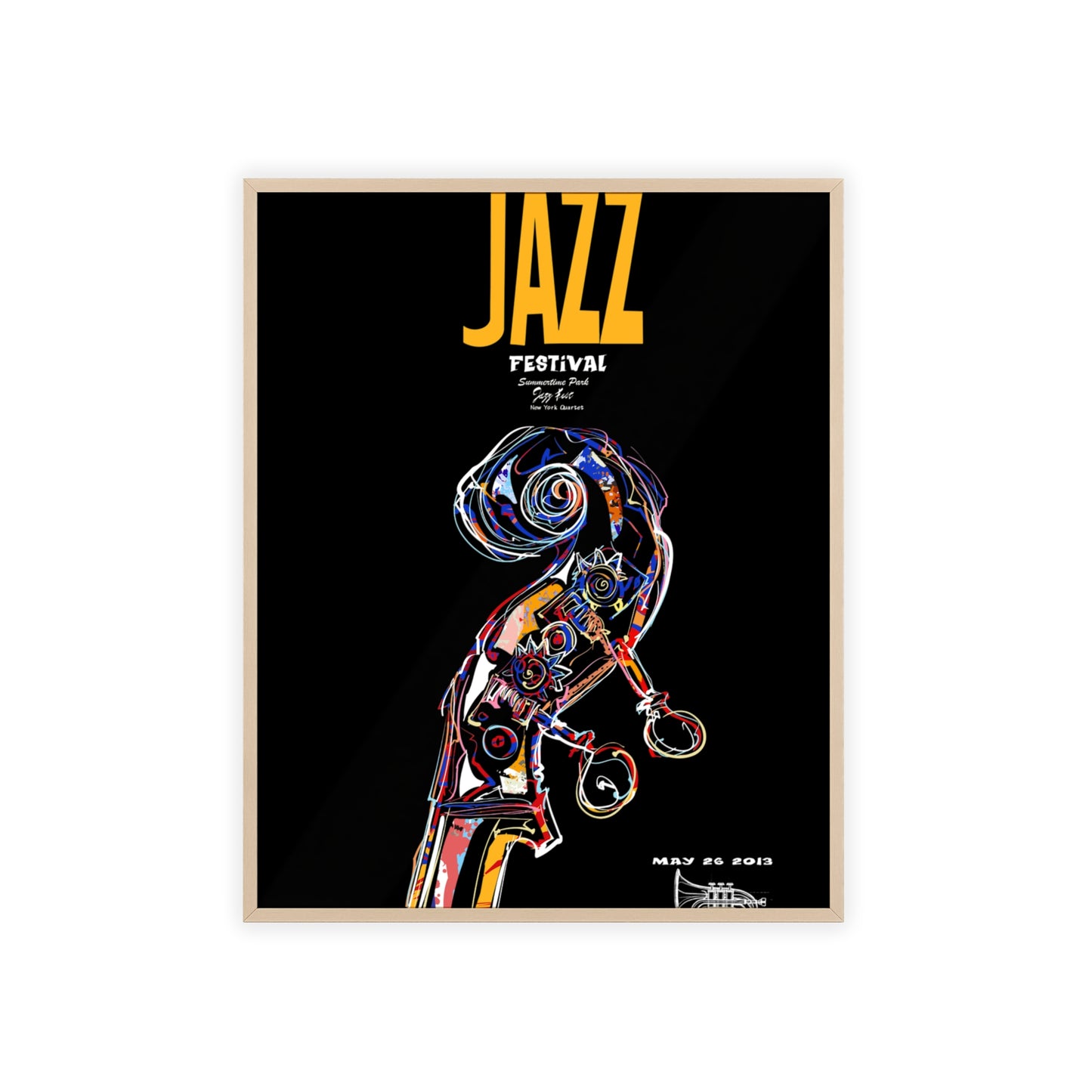 Jazz Festival Poster with Wooden Frame — Colorful Double Bass Art Print