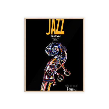 Jazz Festival Poster with Wooden Frame — Colorful Double Bass Art Print