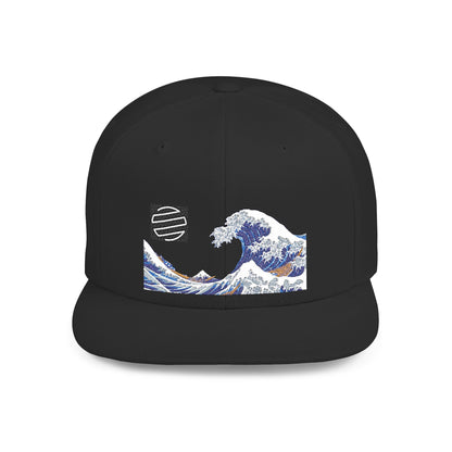 Snapback Hat — Blue Wave Japanese Art Flat-Bill Cap