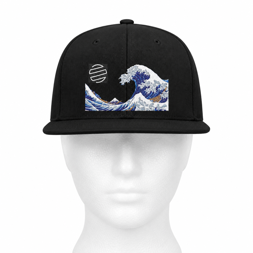 Snapback Hat — Blue Wave Japanese Art Flat-Bill Cap