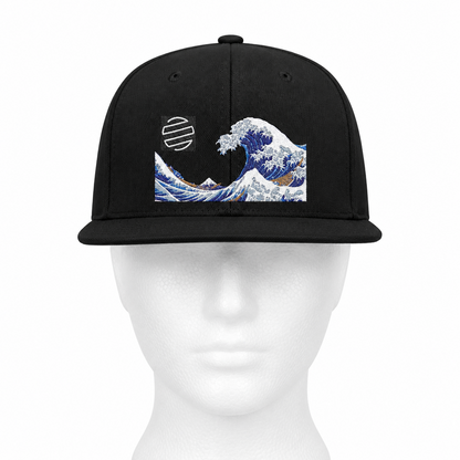 Snapback Hat — Blue Wave Japanese Art Flat-Bill Cap