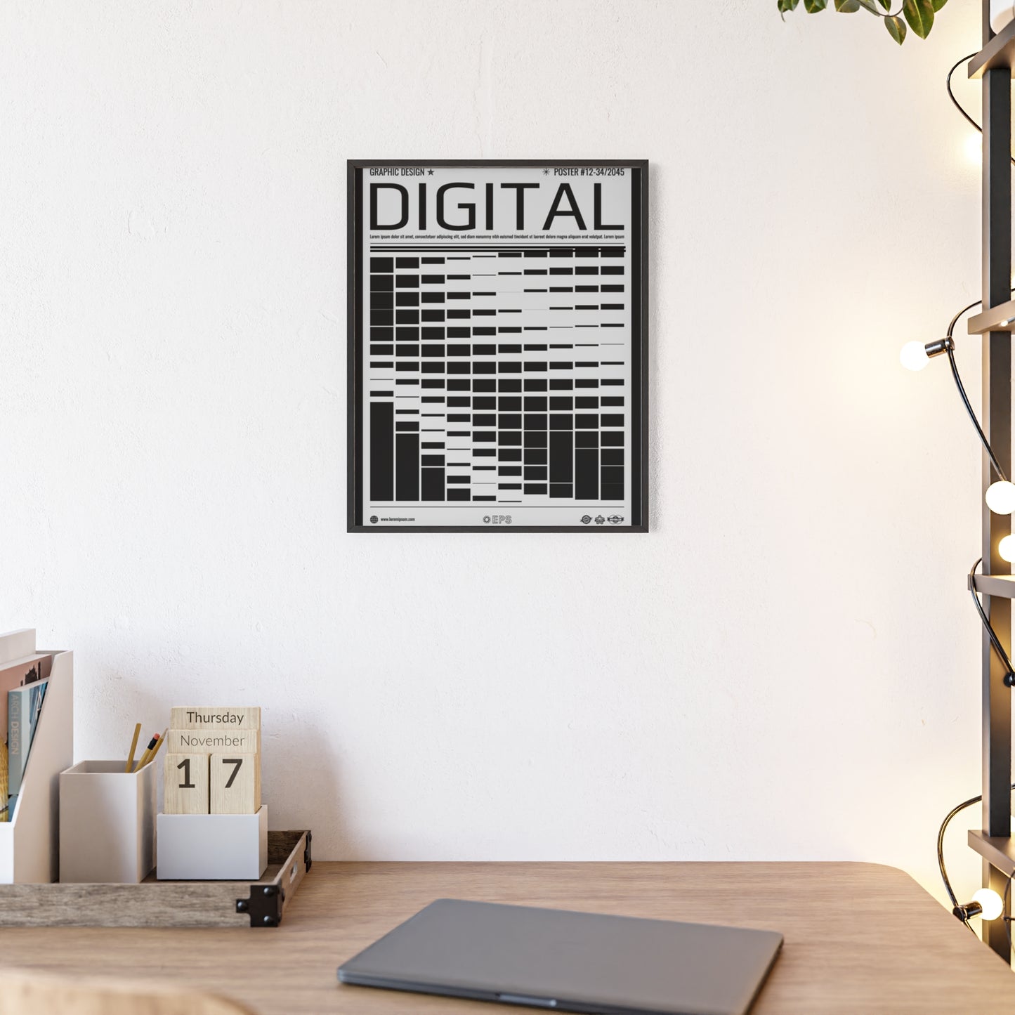Digital Grid Poster with Wooden Frame — Modern Black & White Wall Art