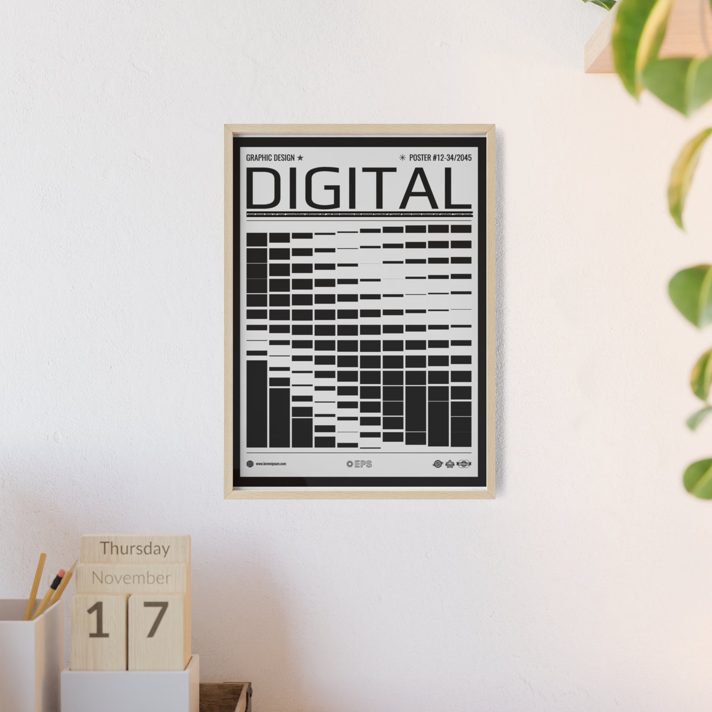 Digital Grid Poster with Wooden Frame — Modern Black & White Wall Art