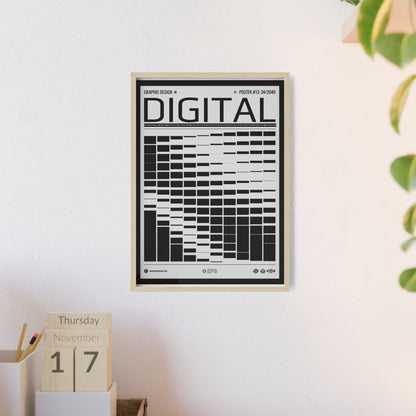 Digital Grid Poster with Wooden Frame — Modern Black & White Wall Art