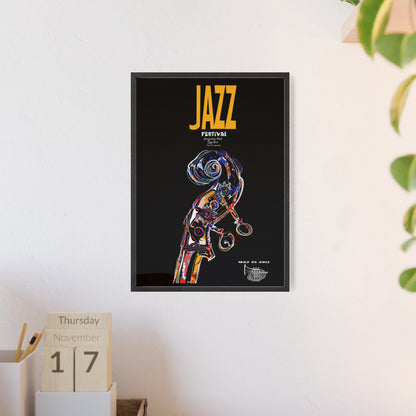 Jazz Festival Poster with Wooden Frame — Colorful Double Bass Art Print