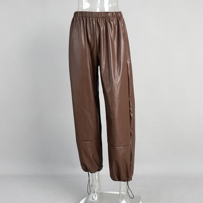 Women's Drawstring Ankle-tied Bloomers Loose PU Leather Pants