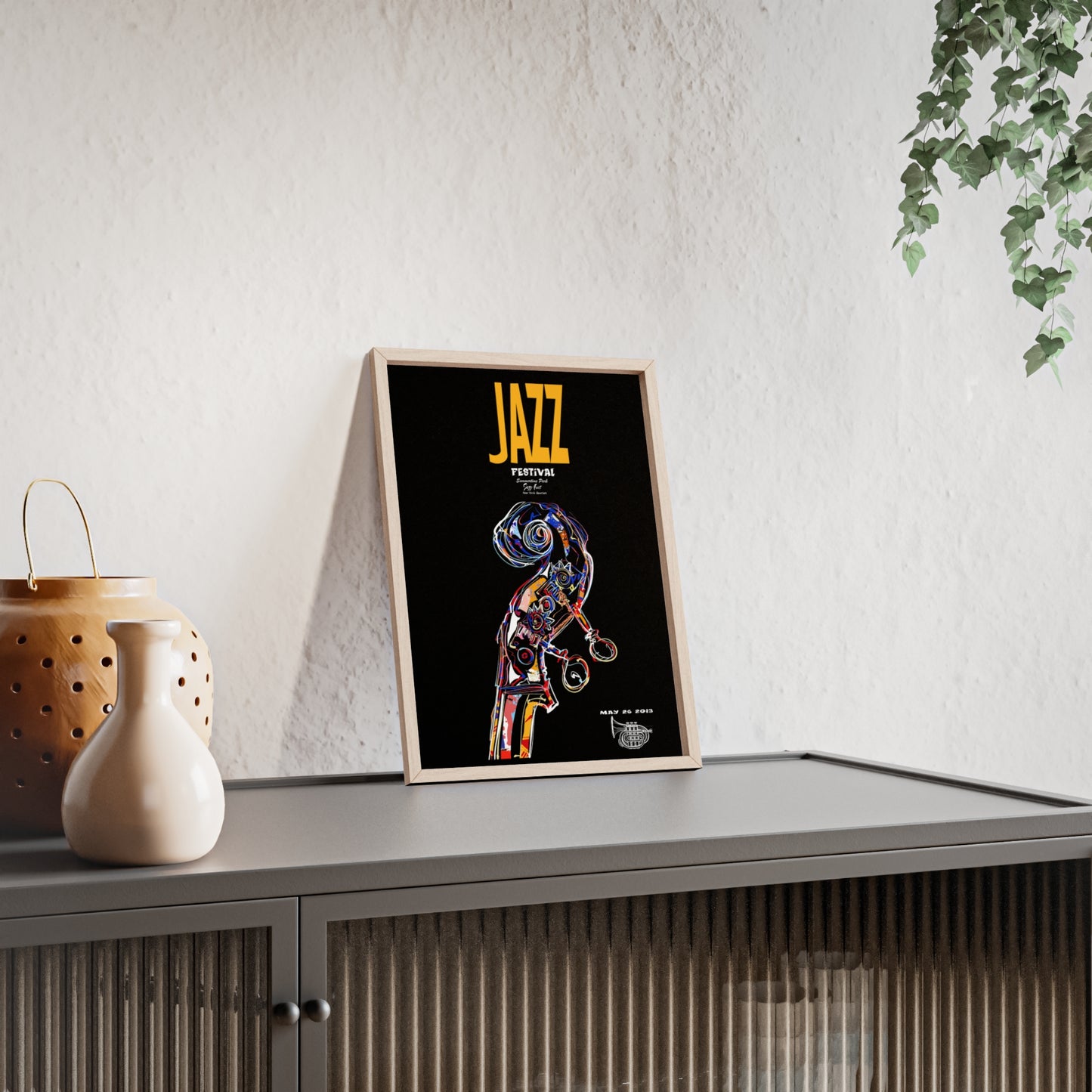 Jazz Festival Poster with Wooden Frame — Colorful Double Bass Art Print