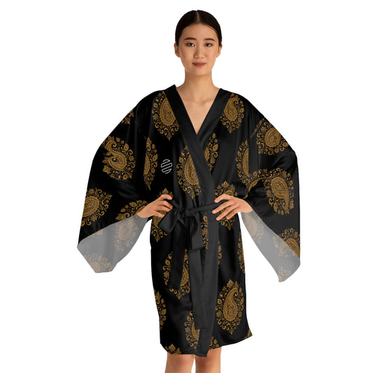 Black & Gold Paisley Kimono Robe - Long Sleeve Japanese Style Wrap