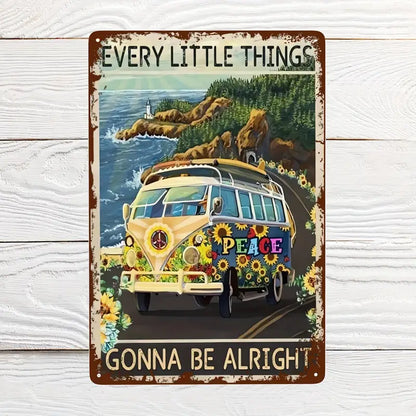 Hippie Peace Sunflower Tin Sign - Vintage Wall Art 8x12"