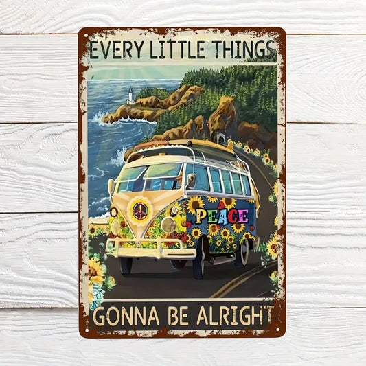Hippie Peace Sunflower Tin Sign - Vintage Wall Art 8x12"