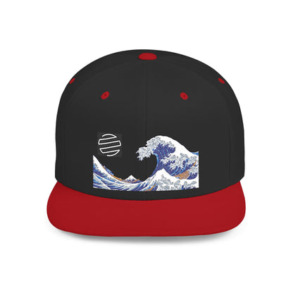Snapback Hat — Blue Wave Japanese Art Flat-Bill Cap