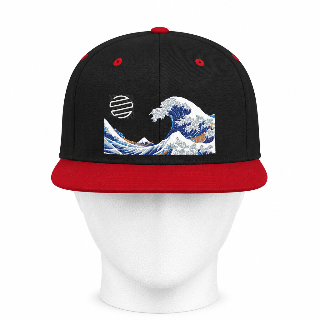 Snapback Hat — Blue Wave Japanese Art Flat-Bill Cap