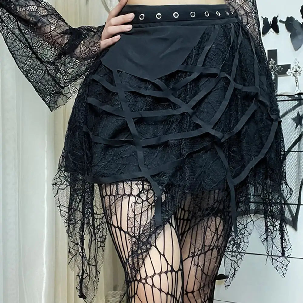Women's Black Heavy-Duty Lace Stitching Skirt