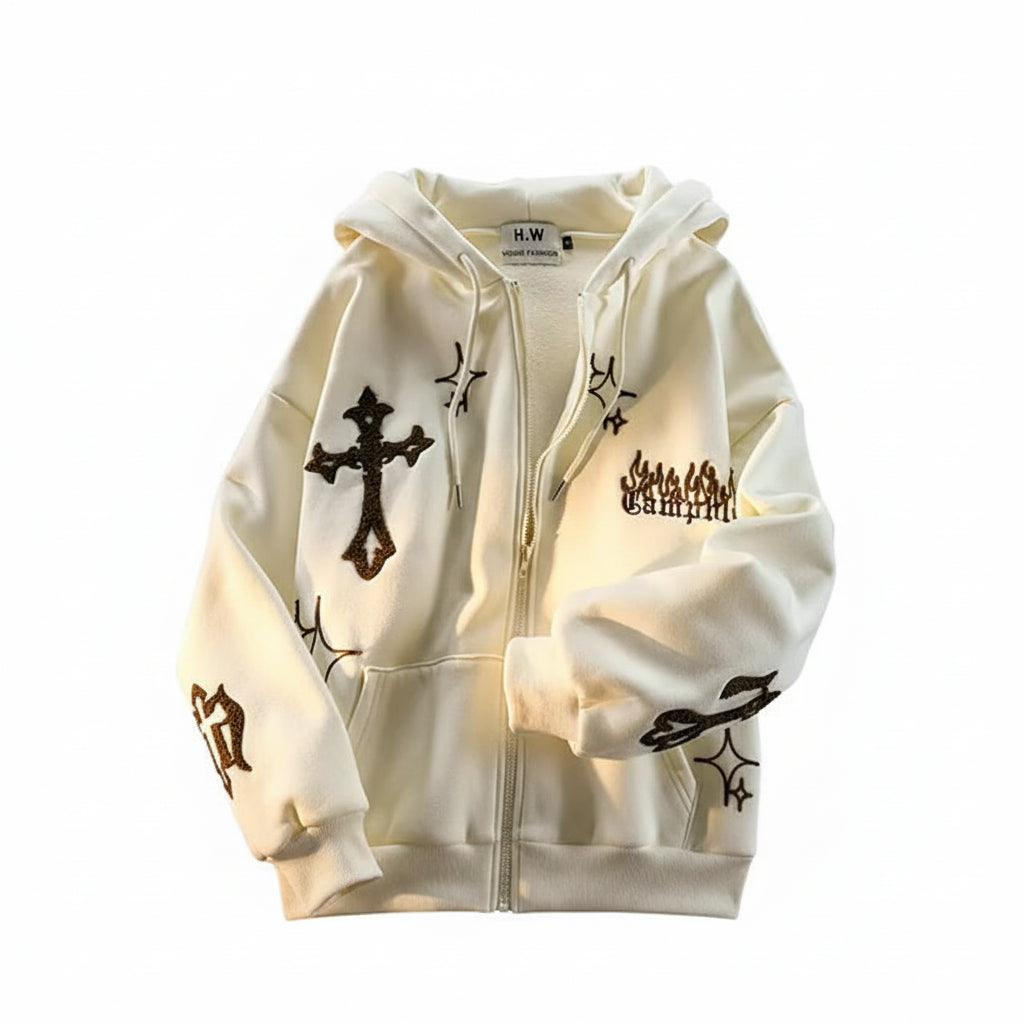 Retro Embroidered Zipper Hoodie Sweatshirt