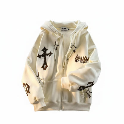 Retro Embroidered Zipper Hoodie Sweatshirt