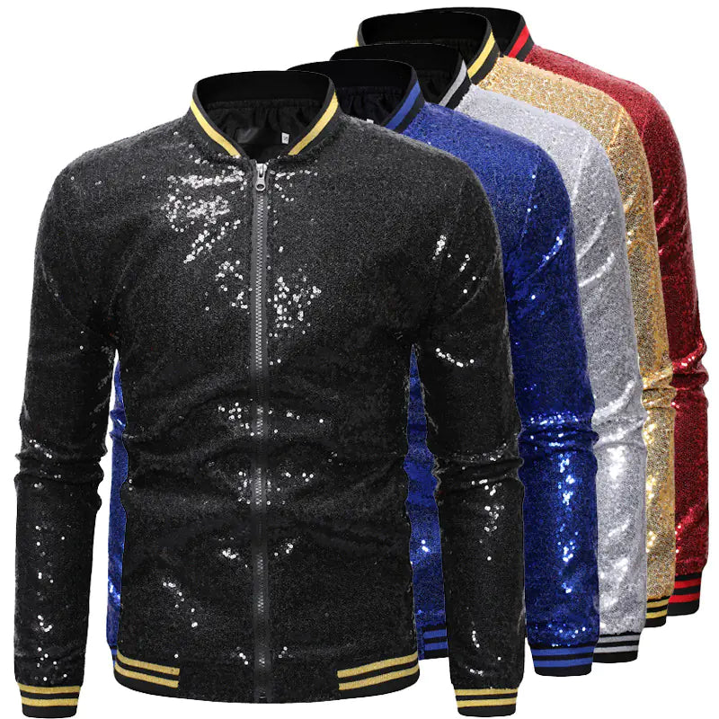 Glittery Stand Collar Baseball Jacket
