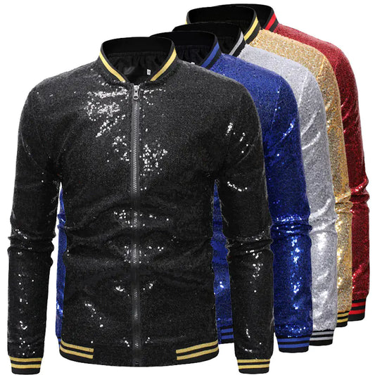 Glittery Stand Collar Baseball Jacket