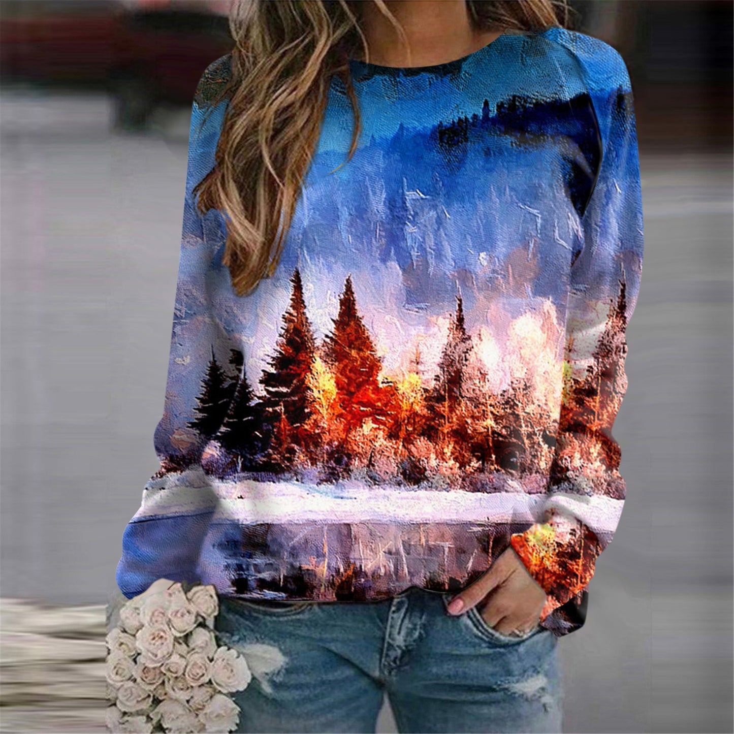 Women's Nordic Landscape Casual Round Neck Sweater