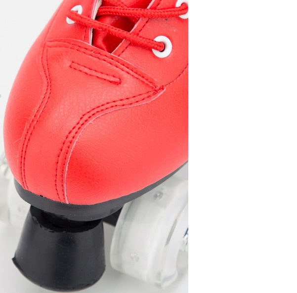 Big Red Cowhide Quad Skates With Flashing Wheels And Wear Resistant Boots
