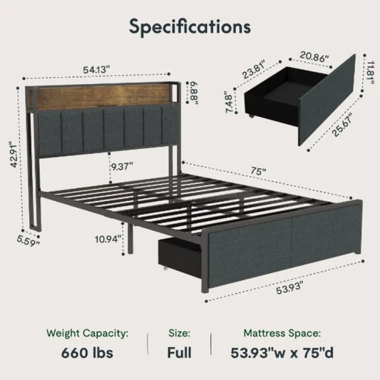 Charging Full Bed Frame with LED Ambiance