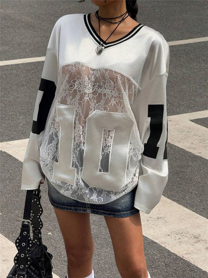 Women's Loose Lace See Through V-neck Jersey