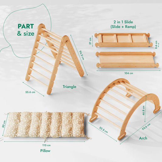 4in1 Montessori Climbing Set: Triangle Ladder + Climbing Arch + Slide Board + Cushion Beige