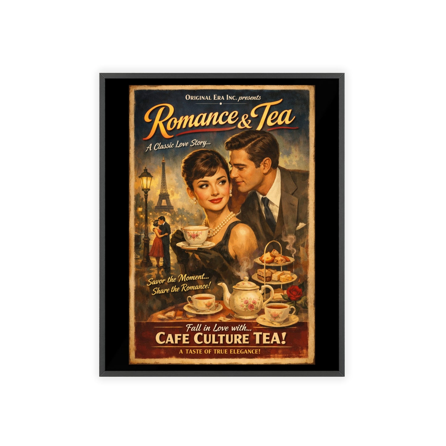 Romance & Tea Vintage Cafe Poster — Framed Wall Art
