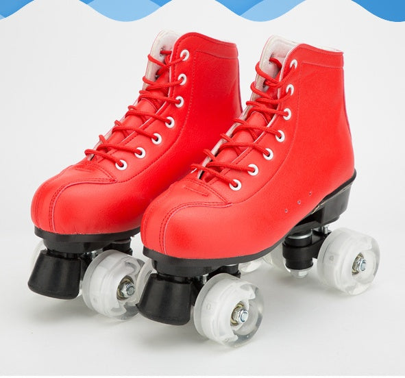 Big Red Cowhide Quad Skates With Flashing Wheels And Wear Resistant Boots