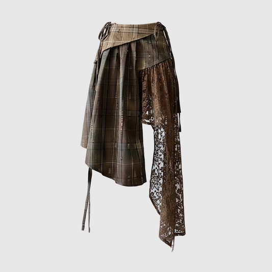 Irregular Design Plaid Stitching Lace Skirt