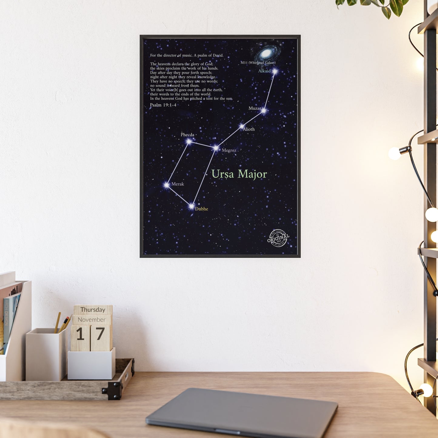 Ursa Major Constellation Star Map Poster with Wooden Frame — Astrology Wall Art