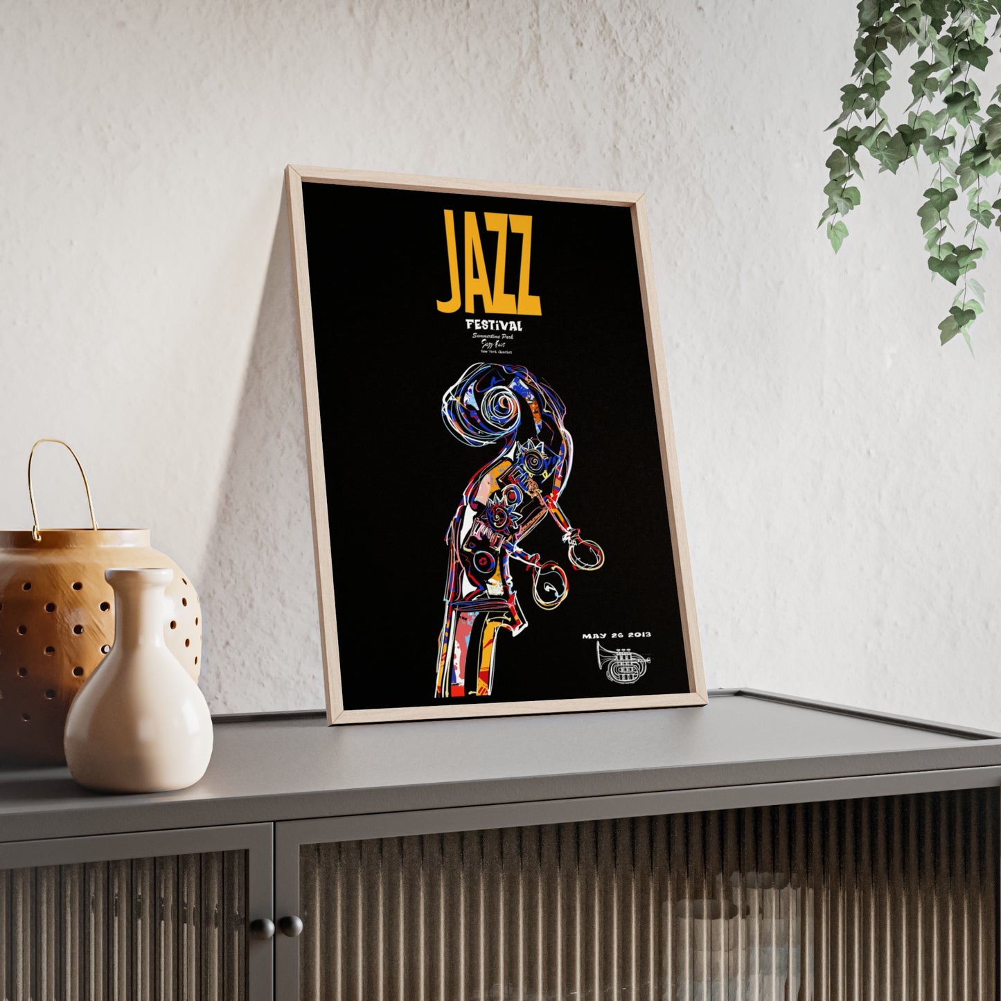 Jazz Festival Poster with Wooden Frame — Colorful Double Bass Art Print