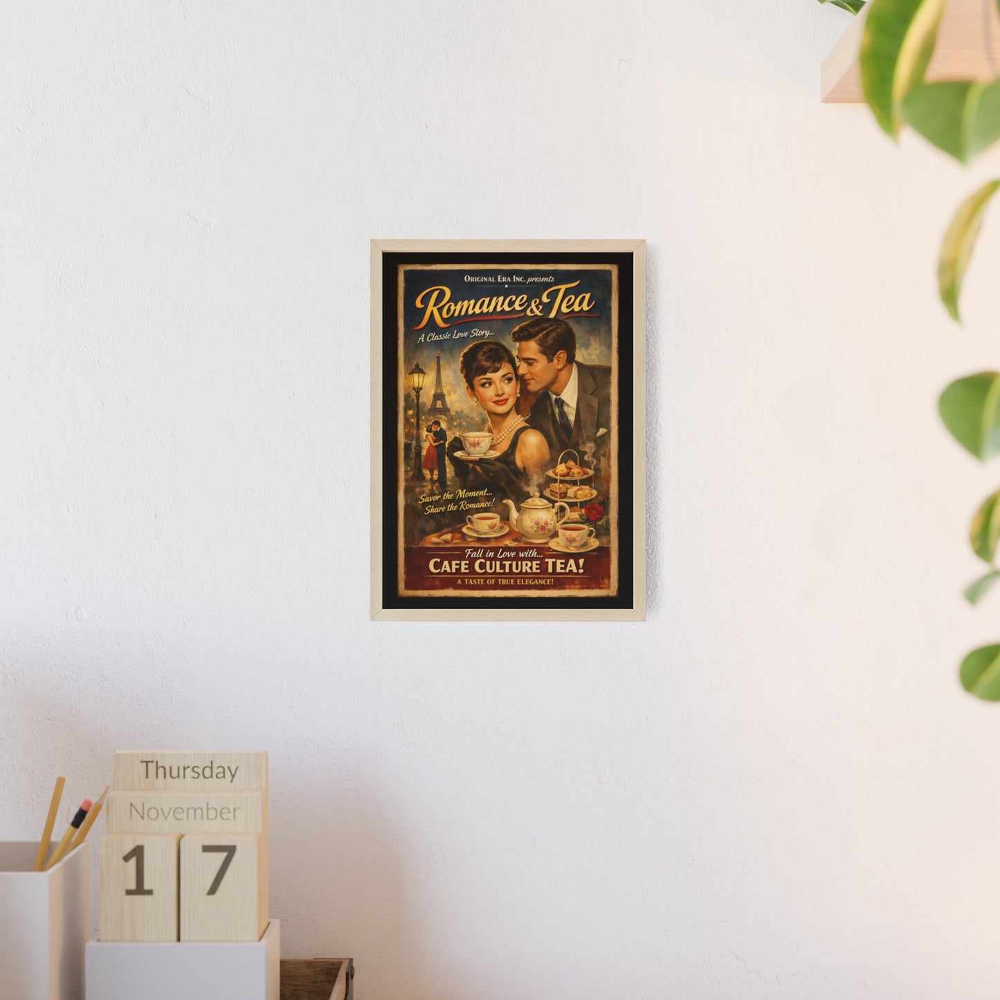 Romance & Tea Vintage Cafe Poster — Framed Wall Art