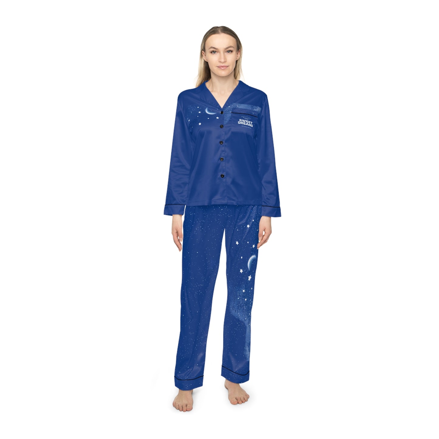 Moonlit Starry Satin Pajama Set – Women's Blue Sleepwear