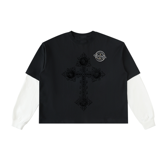 'Sacred Sacrifice' Layered Contrast Sleeve Cotton T-Shirt