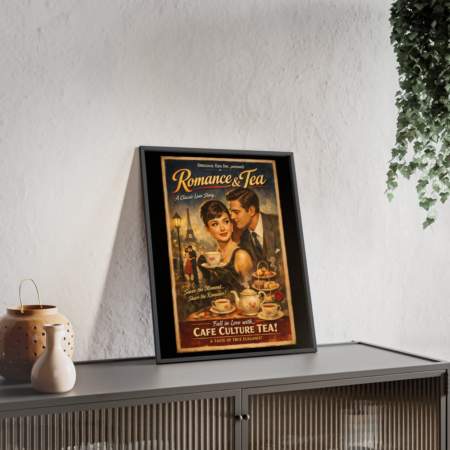 Romance & Tea Vintage Cafe Poster — Framed Wall Art