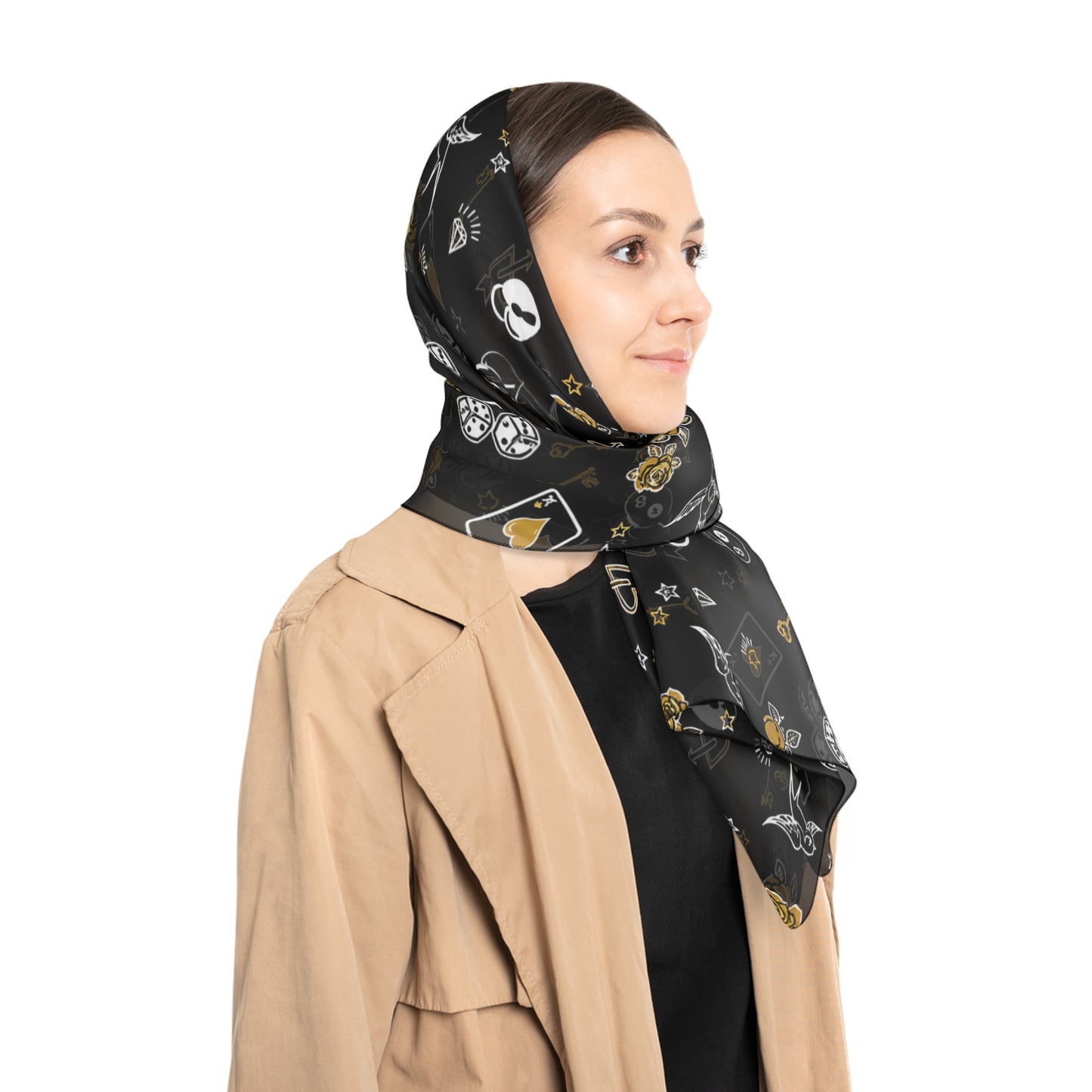 Game Of Love Silky Dark Scarf – Gothic Rose & Crystal Pattern