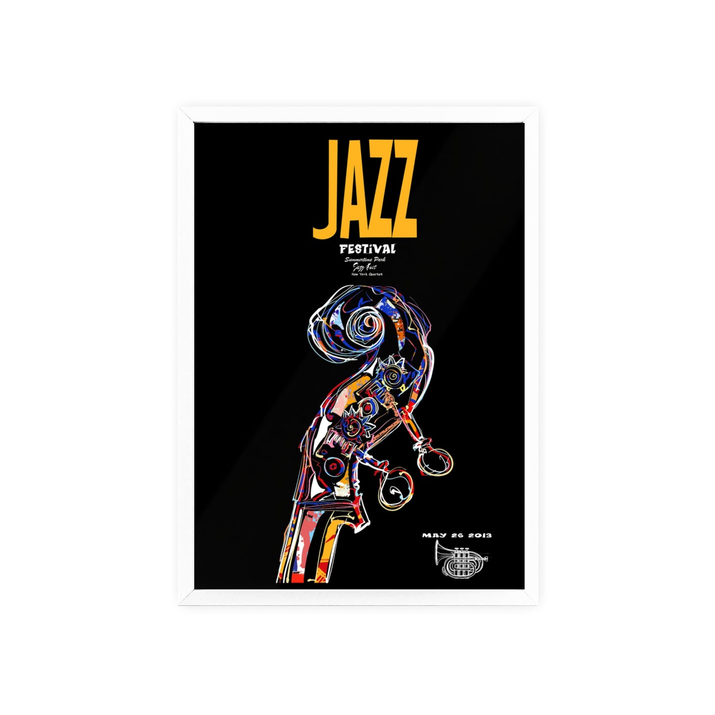 Jazz Festival Poster with Wooden Frame — Colorful Double Bass Art Print