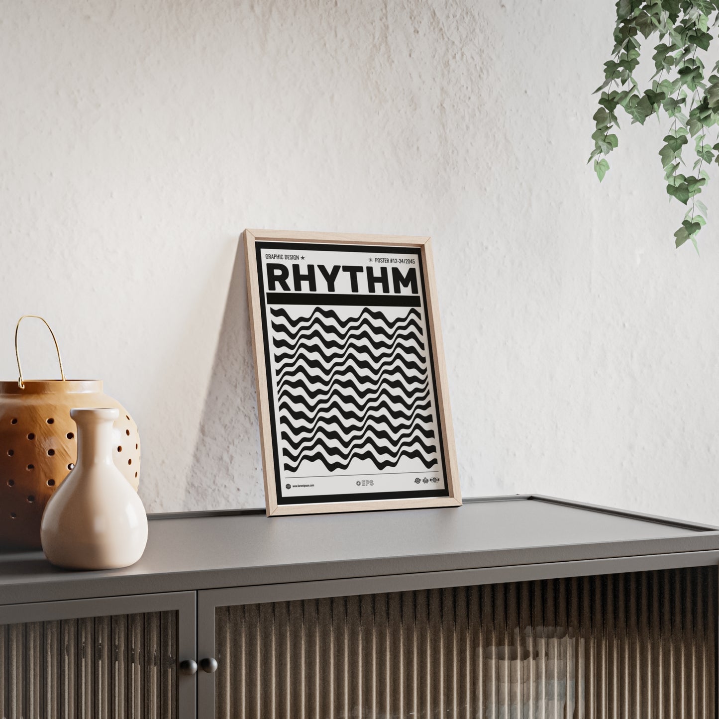 Rhythm Wave Art Poster with Wooden Frame — Black & White Modern Wall Print