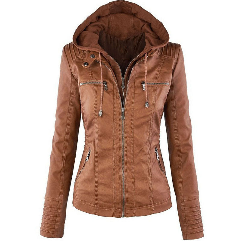 Women's Casual Leather Zipper Jacket With Detachable Hood