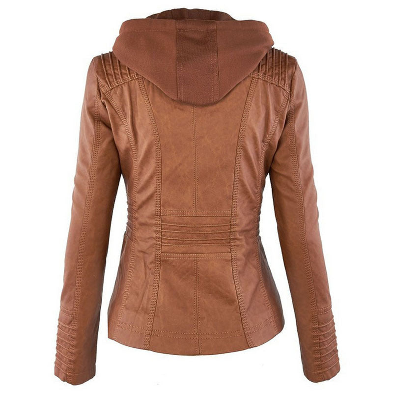 Women's Casual Leather Zipper Jacket With Detachable Hood