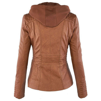 Women's Casual Leather Zipper Jacket With Detachable Hood