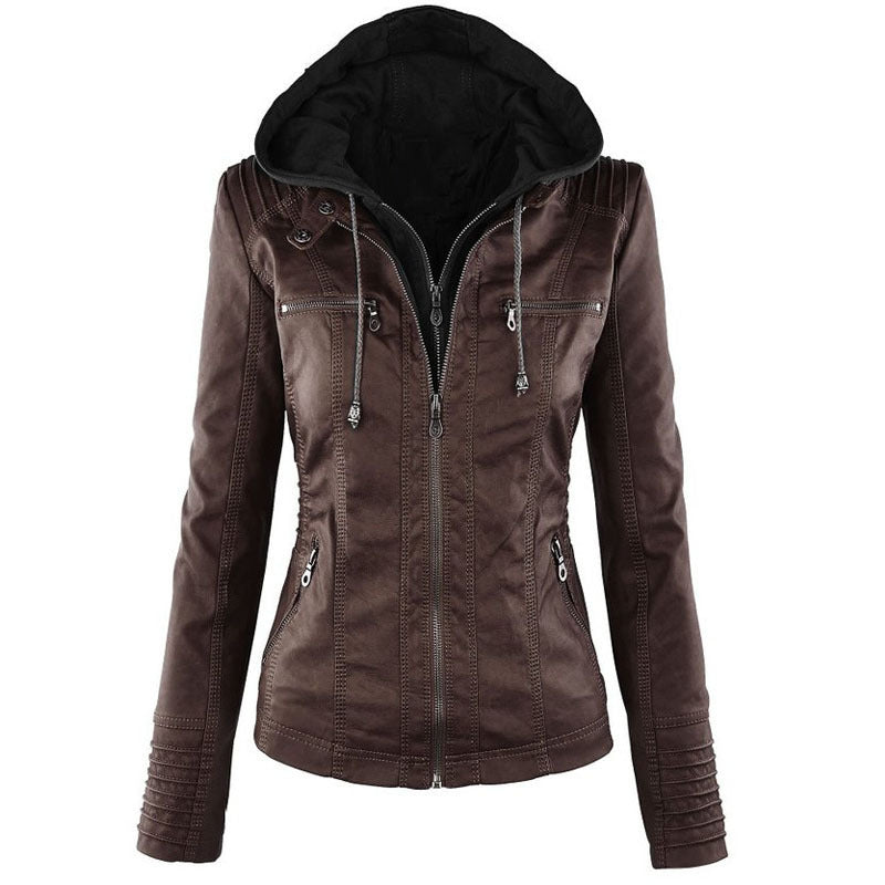 Women's Casual Leather Zipper Jacket With Detachable Hood