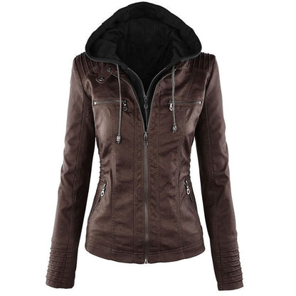 Women's Casual Leather Zipper Jacket With Detachable Hood