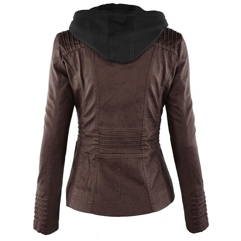 Women's Casual Leather Zipper Jacket With Detachable Hood