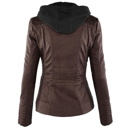 Women's Casual Leather Zipper Jacket With Detachable Hood