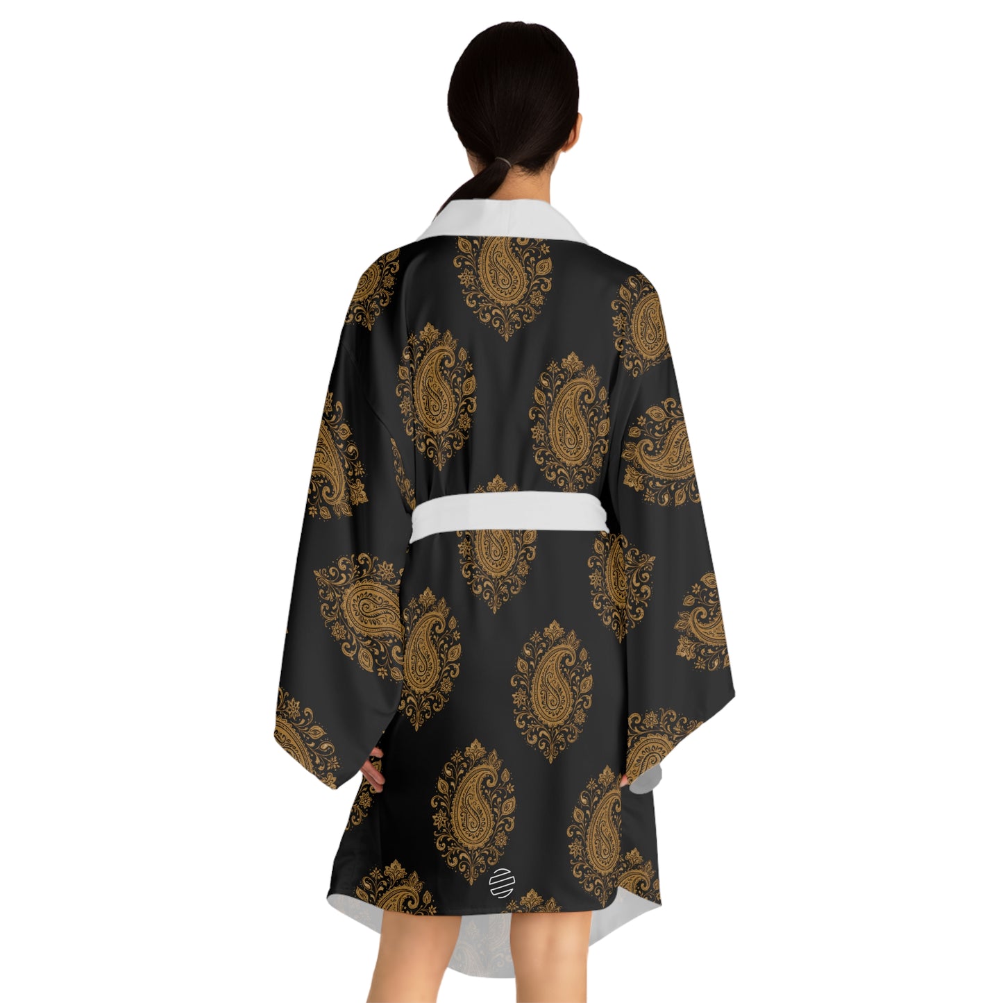 Black & Gold Paisley Kimono Robe - Long Sleeve Japanese Style Wrap