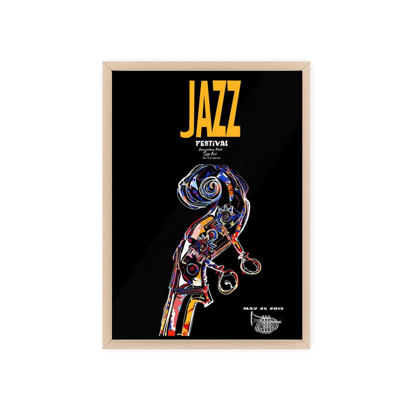 Jazz Festival Poster with Wooden Frame — Colorful Double Bass Art Print